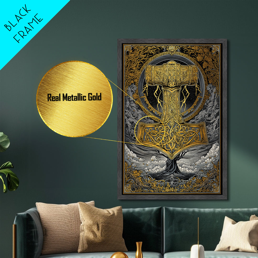 Norse Mythology Mjolnir Hammer Artwork, Metallic Gold Art and Viking Metal Art, framed in real wood, Nordic office and dad gift décor