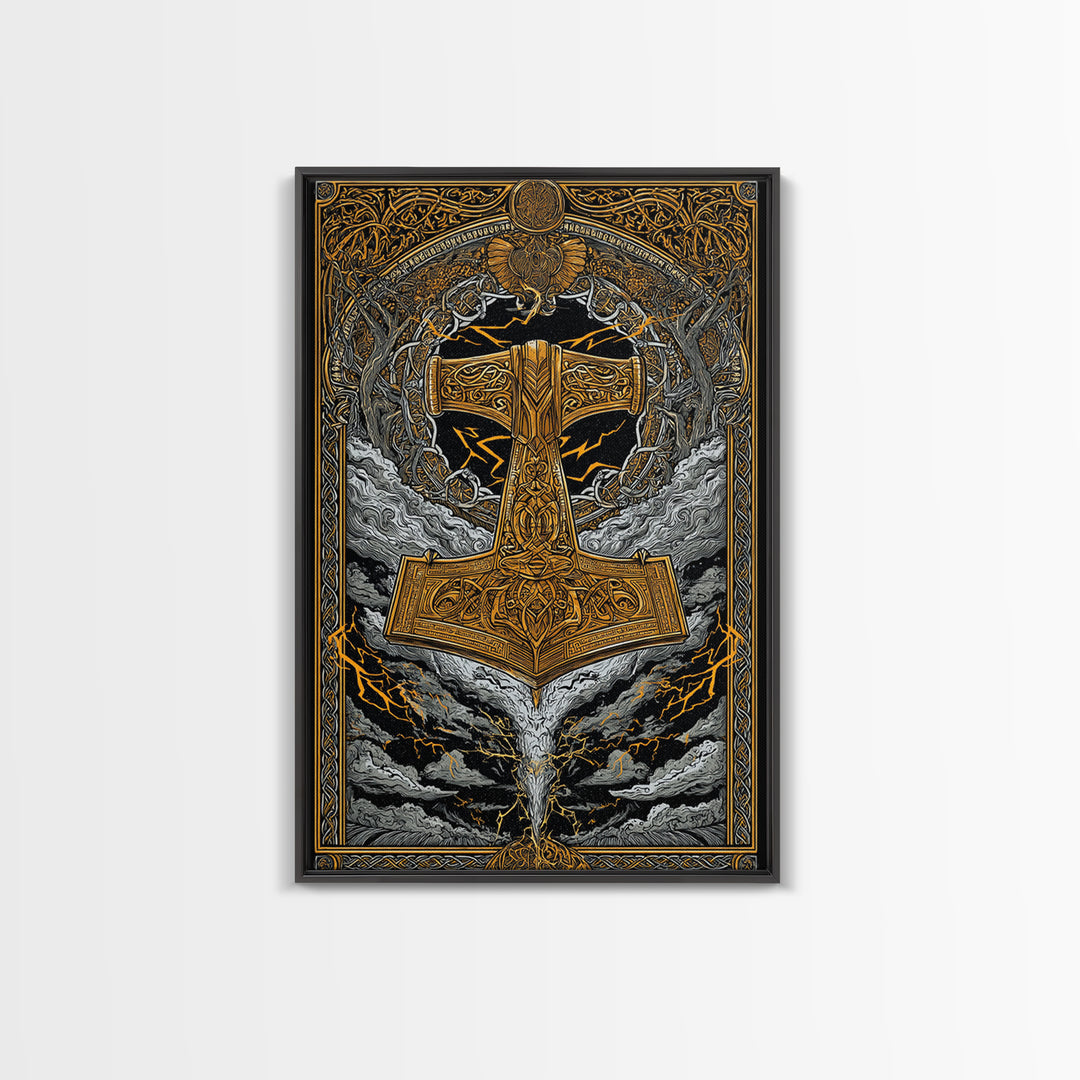 Viking Thor’s Hammer Mjolnir Wall Art, Canvas Gold Art and Canvas Art, Norse Mythology inspired office décor framed in solid wood