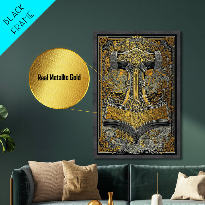 Norse Viking Wall Art of Mjolnir Hammer, Metallic Gold Art and Metal Art, mythology-inspired décor framed in real wood for dad gift
