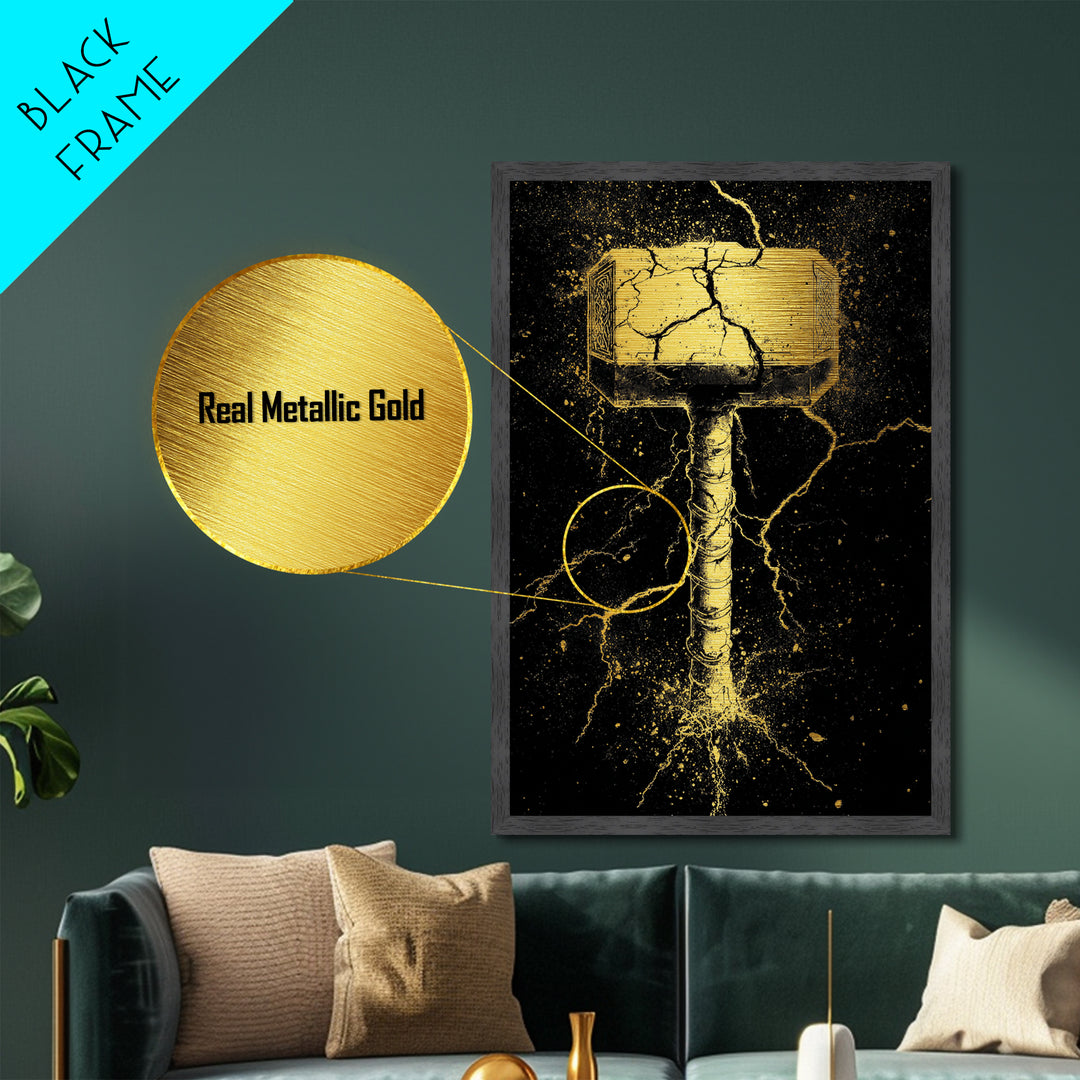 Thor’s Mjolnir Metallic Gold Art, Viking Metal Art from Norse Mythology, framed in real wood, striking office wall art and man cave gift