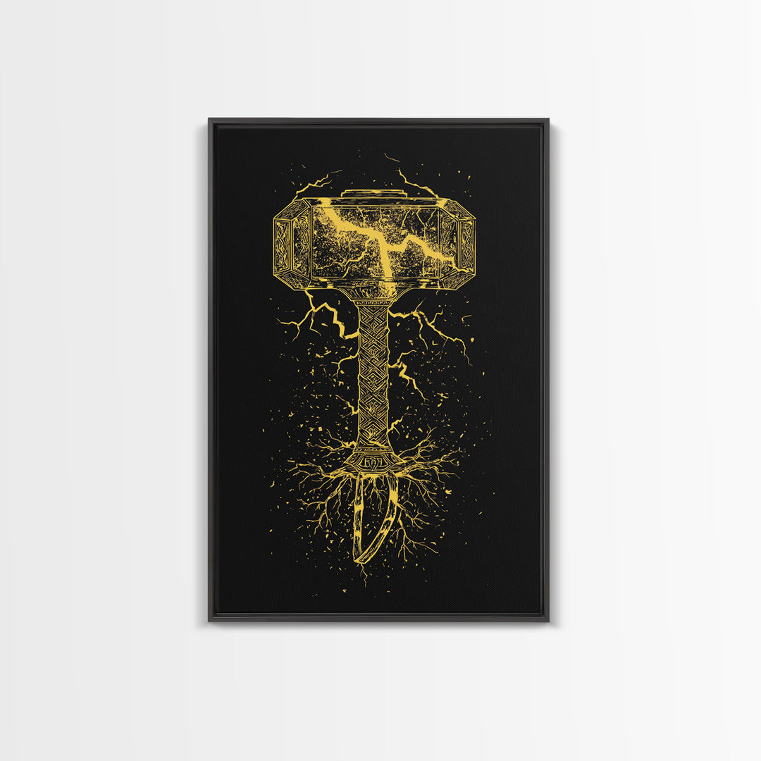 Mjolnir Thor’s Hammer Canvas Gold Art Canvas Art | Norse Viking Mythology Wall Decor | Office or Man Cave framed in wood