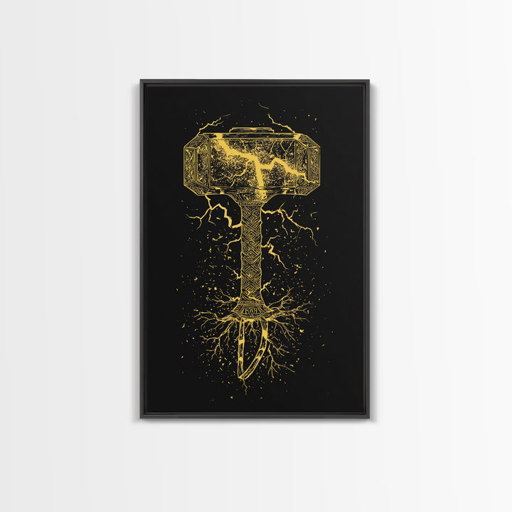 Mjolnir Thor’s Hammer Canvas Gold Art Canvas Art | Norse Viking Mythology Wall Decor | Office or Man Cave framed in wood