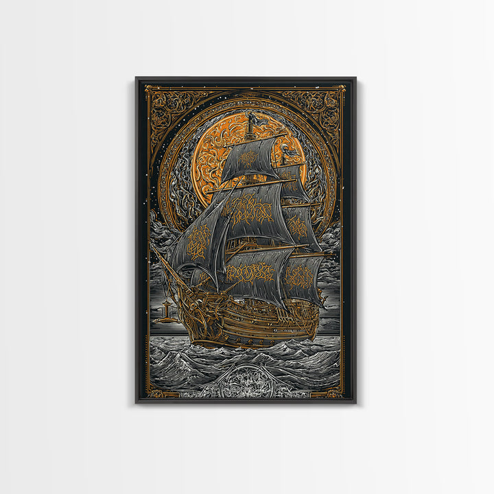 Viking Naglfar Ship Wall Art, Canvas Gold Art and Norse Canvas Art, Nordic Mythology scene framed in real wood for office or dad décor