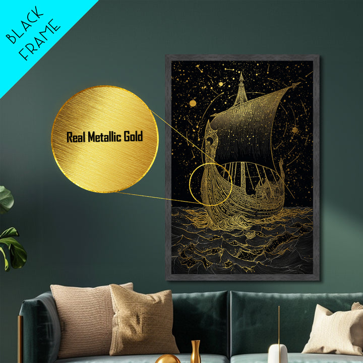 Norse Naglfar Viking Ship Artwork, Metallic Gold Art and Metal Art, Nordic Mythology wall décor framed in real wood, unique dad gift
