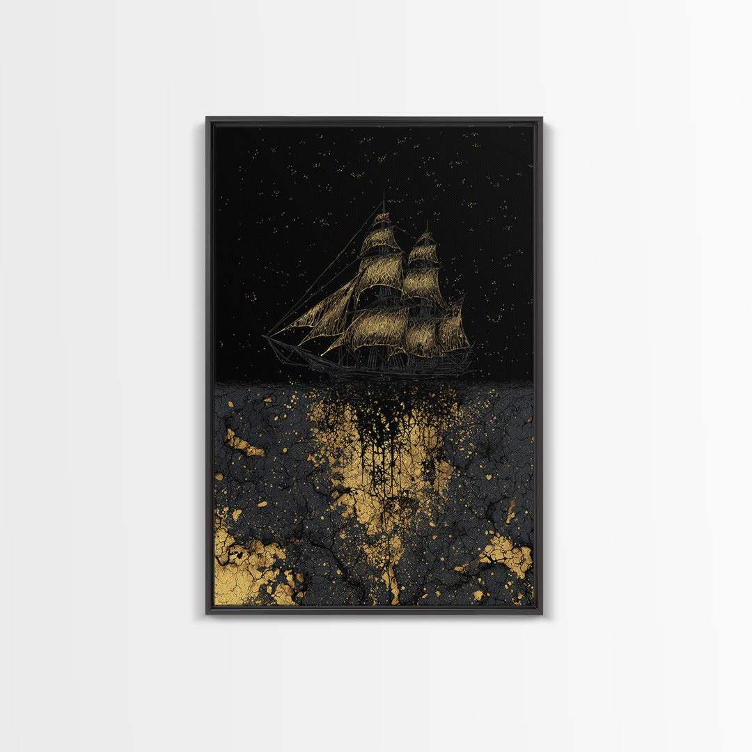 Canvas Gold Art of the Ship Naglfar, Viking Mythology Canvas Art, Norse legend inspired décor framed in natural wood for man cave wall