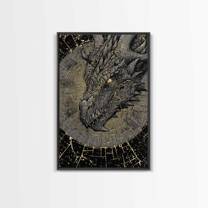 Canvas Gold Art of Nidhogg Dragon Head, Norse Mythology Canvas Art for Man Cave or Office, Viking Wall Decor framed in natural wood