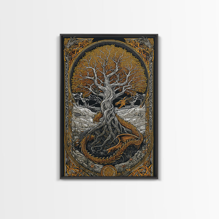 Yggdrasil World Tree Canvas Gold Art, Norse Mythology Canvas Art with Nidhogg Dragon, Viking Wall Decor framed in Real Wood