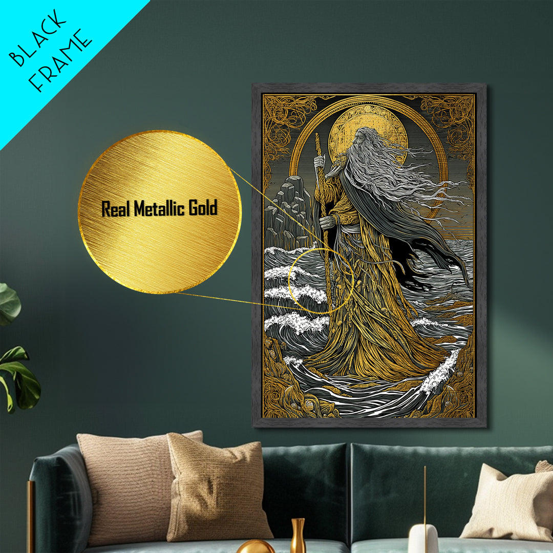 Nordic God Njord Metallic Gold Art, Ocean Deity Norse Mythology Metal Art for Office Wall or Dad Gift, framed with natural wood