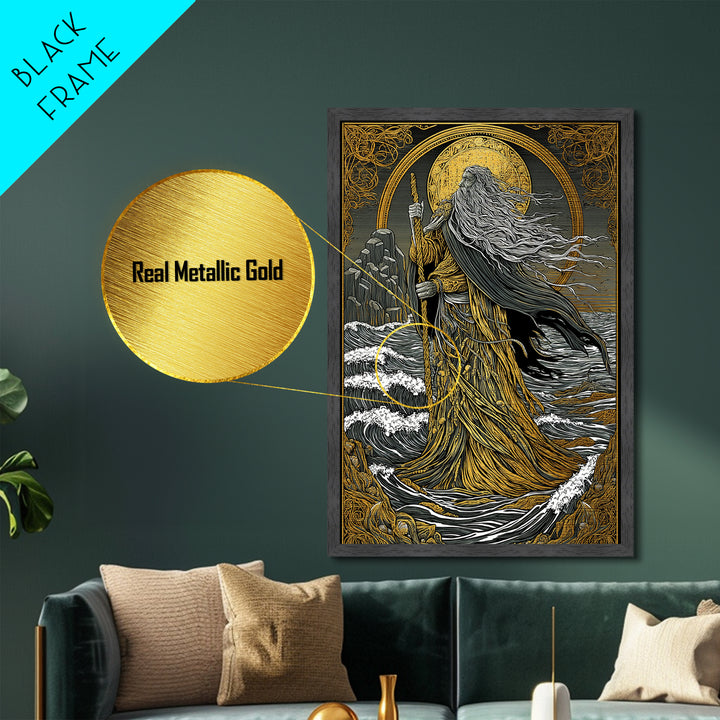 Nordic God Njord Metallic Gold Art, Ocean Deity Norse Mythology Metal Art for Office Wall or Dad Gift, framed with natural wood