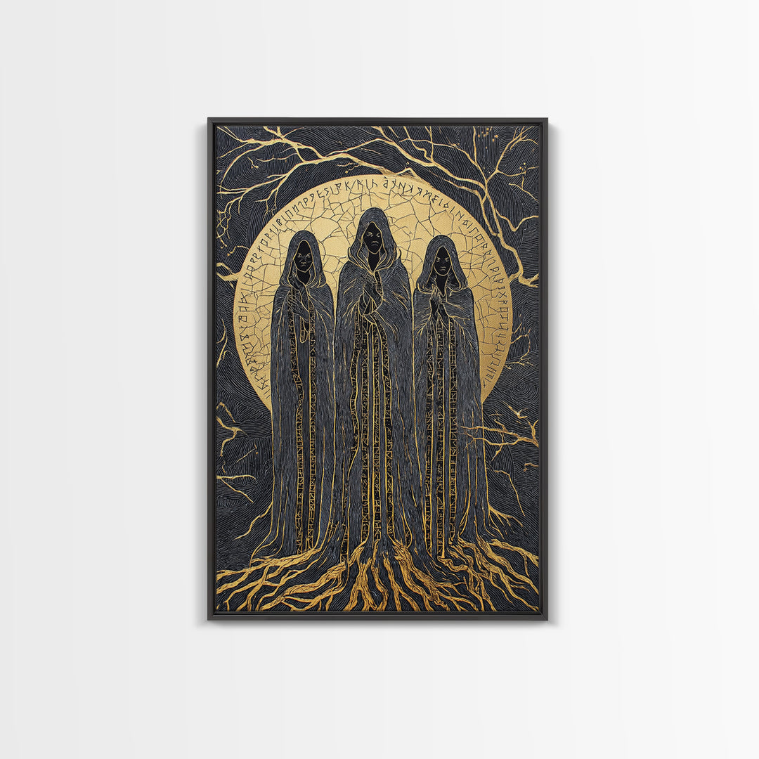 Viking Norns Canvas Gold Art, Nordic Mythology Canvas Art of Fate Goddesses and Runes, Norse Decor framed with natural wood frame