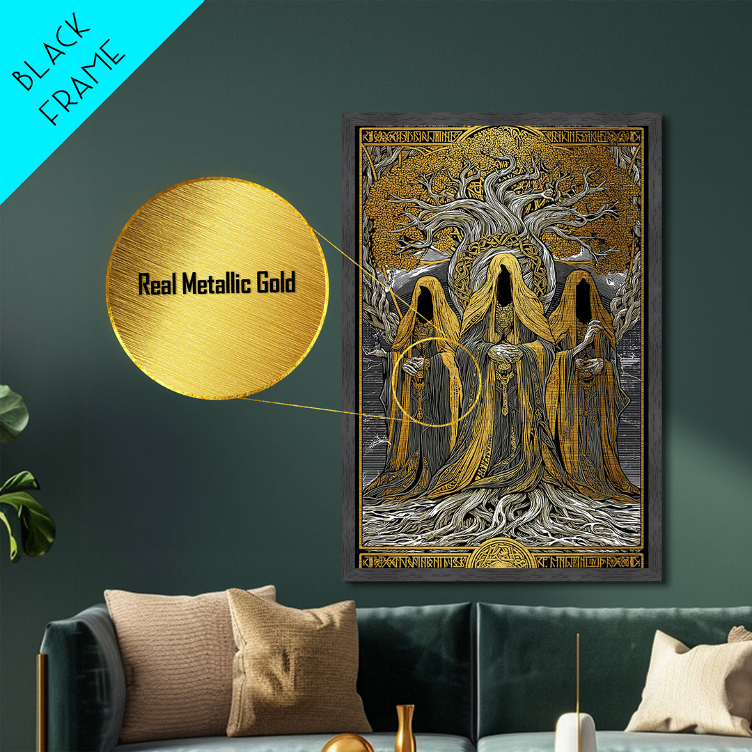 Norns of Yggdrasil Metallic Gold Art, Nordic Mythology Metal Art featuring Fate and Destiny, Viking Wall Art framed in real wood