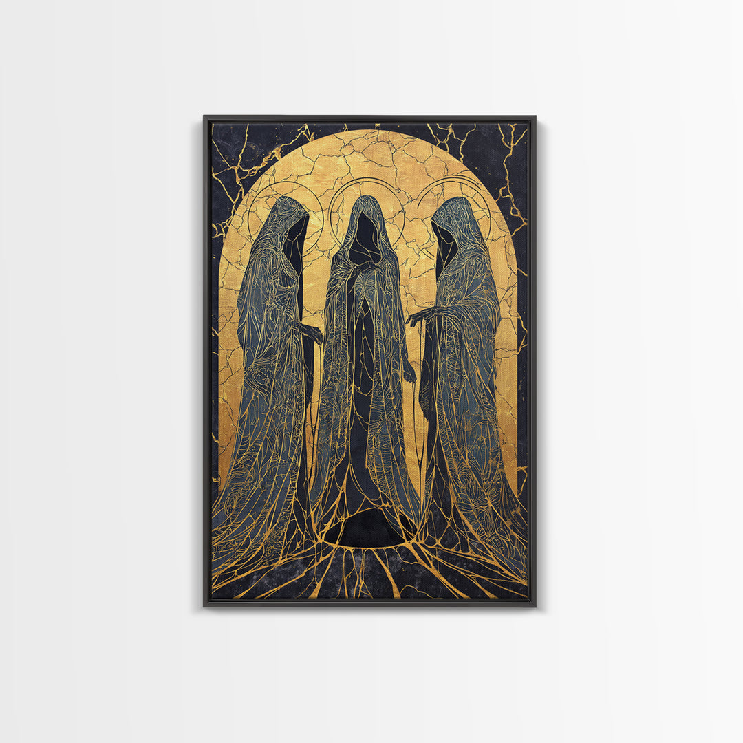 Canvas Gold Art of the Three Norns, Norse Mythology Canvas Art on Yggdrasil Roots, Viking Man Cave Decor in a natural wood frame
