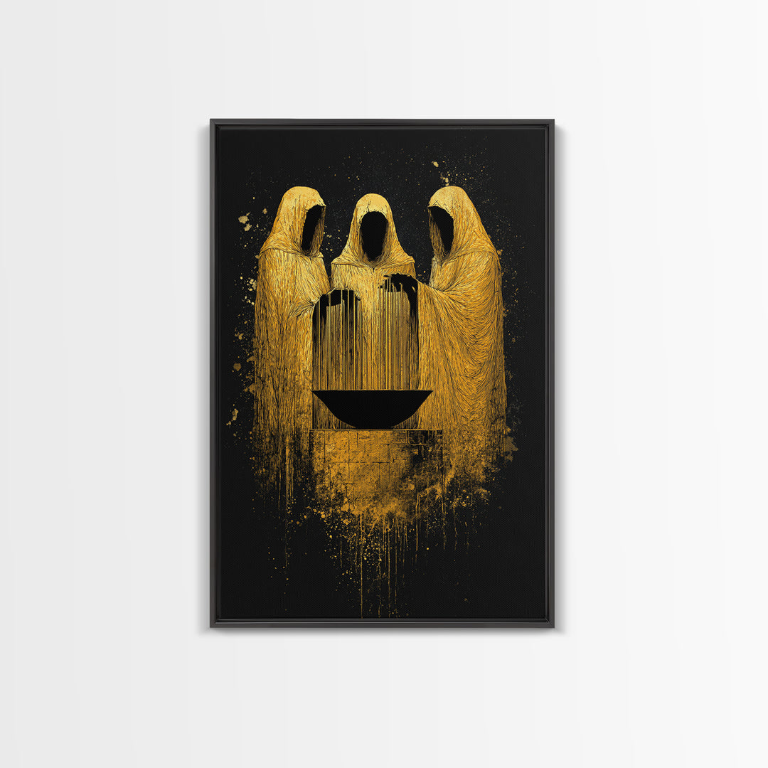 Viking Norns Canvas Gold Art, Nordic Mythology Canvas Art of Fate Goddesses around Sacred Well, Office Decor with natural wood frame