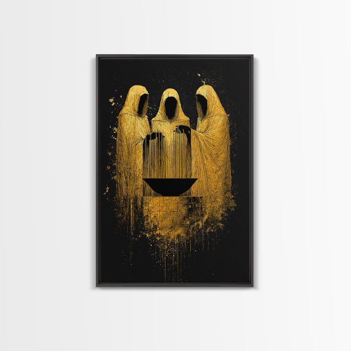 Viking Norns Canvas Gold Art, Nordic Mythology Canvas Art of Fate Goddesses around Sacred Well, Office Decor with natural wood frame