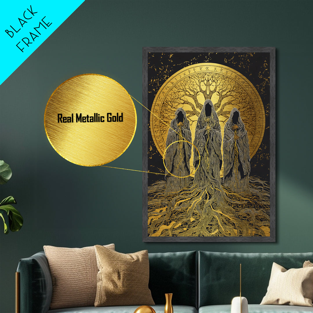 Norns Metallic Gold Art, Norse Mythology Metal Art of Fate Weavers with Yggdrasil, Viking Office Decor beautifully framed in real wood