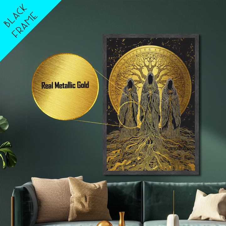 Norns Metallic Gold Art, Norse Mythology Metal Art of Fate Weavers with Yggdrasil, Viking Office Decor beautifully framed in real wood