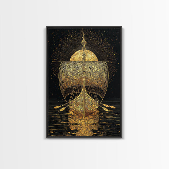 Viking Ship Canvas Gold Art Canvas Art Norse Longboat Wall Decor for Man Cave or Office, framed in natural wood