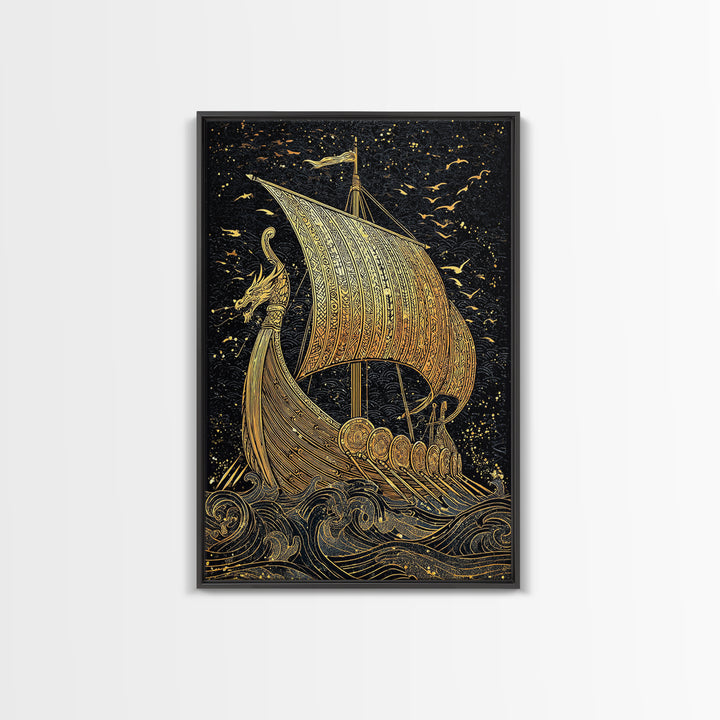 Dragon Head Viking Longship Canvas Gold Art Canvas Art Norse Decor for Man Cave, Office Wall Art framed in real wood