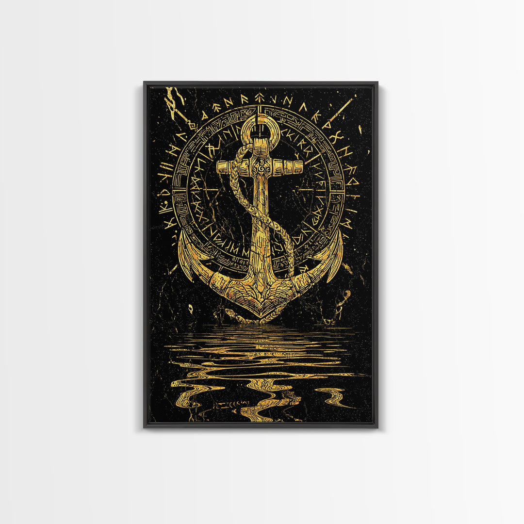 Runic Anchor Canvas Gold Art Canvas Art Norse Mythology Wall Decor for Men’s Office or Man Cave, framed with natural wood