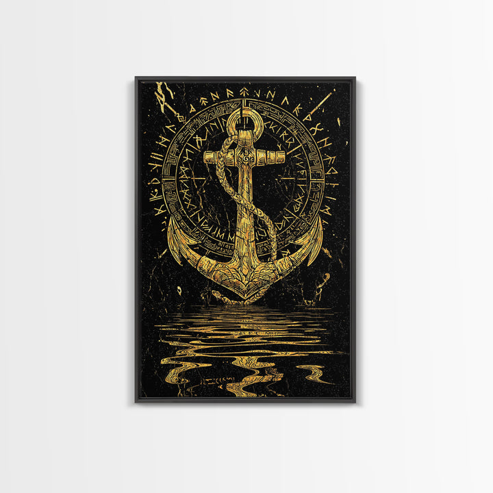 Runic Anchor Canvas Gold Art Canvas Art Norse Mythology Wall Decor for Men’s Office or Man Cave, framed with natural wood