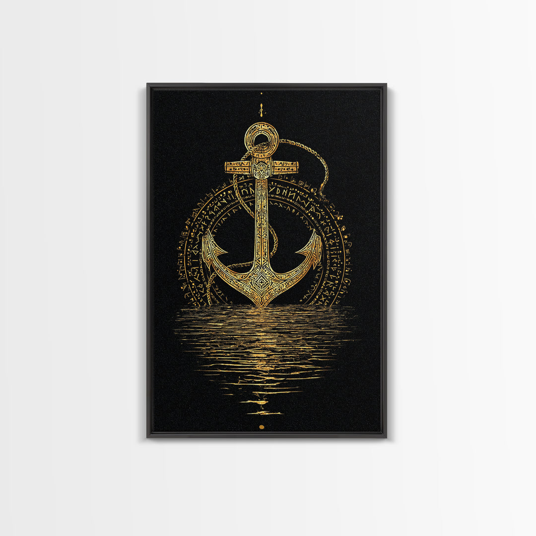 Norse Anchor with Runes Canvas Gold Art Canvas Art Viking Decor for Dad Gift or Office Wall, framed in real wood design