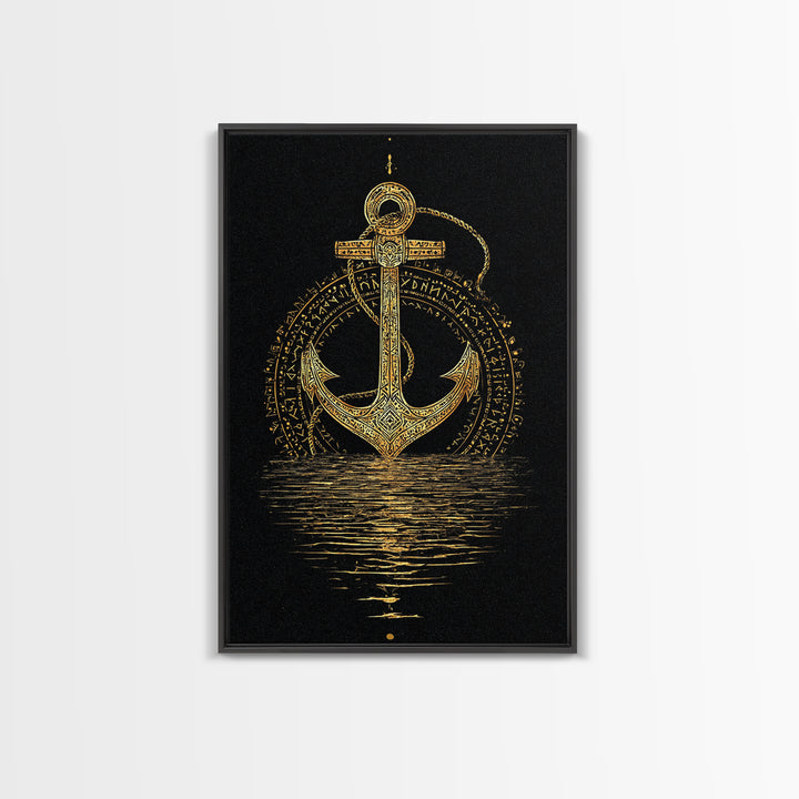 Norse Anchor with Runes Canvas Gold Art Canvas Art Viking Decor for Dad Gift or Office Wall, framed in real wood design