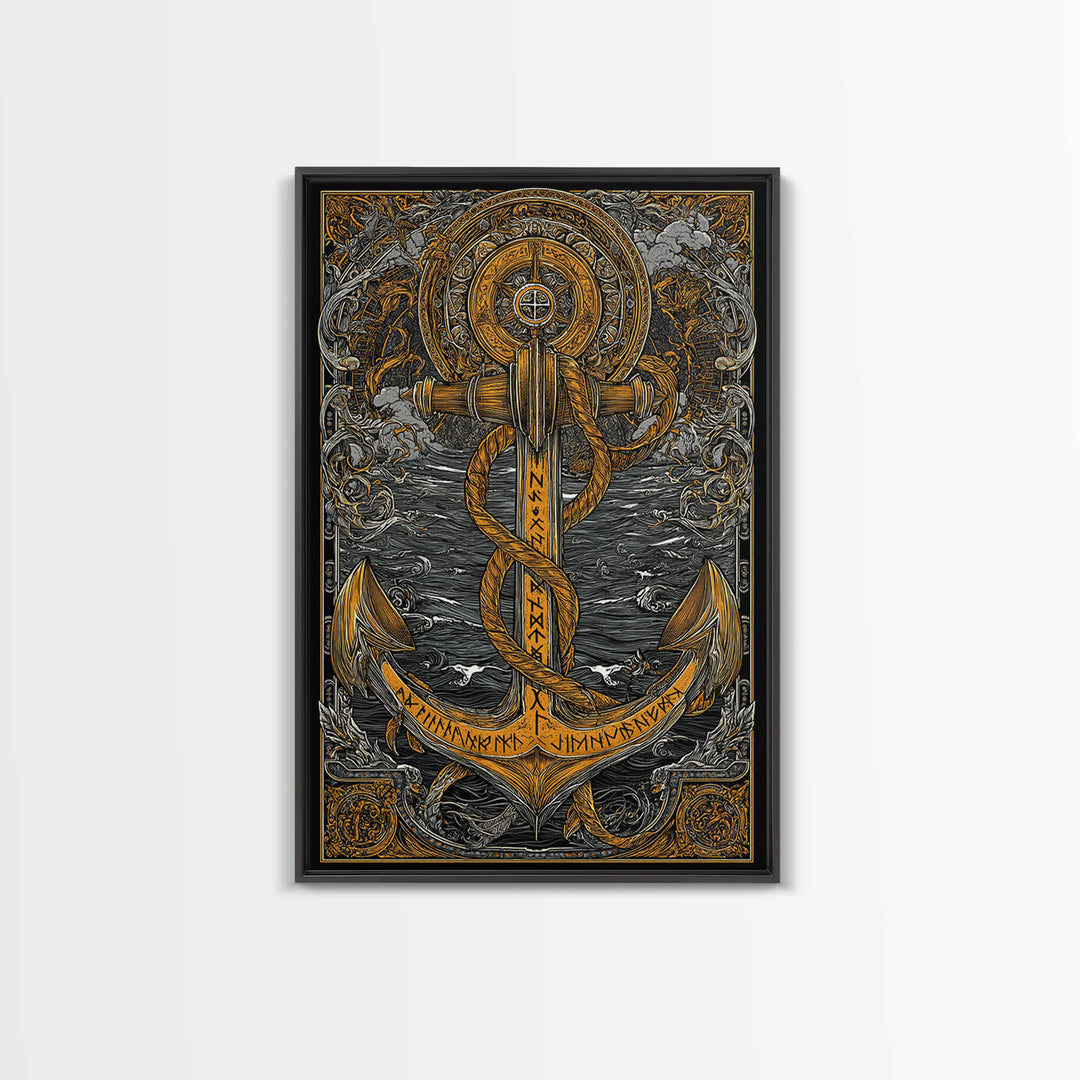 Viking Anchor Canvas Gold Art Canvas Art Nordic Mythology Wall Art for Man Cave, Office Decor with handcrafted wood frame
