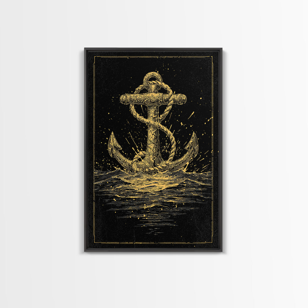 Nordic Anchor Canvas Gold Art Canvas Art Norse Mythology Decor for Office, Man Cave or Dad Gift, framed in real wood