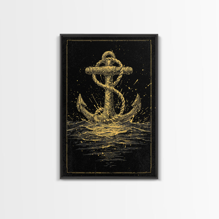 Nordic Anchor Canvas Gold Art Canvas Art Norse Mythology Decor for Office, Man Cave or Dad Gift, framed in real wood