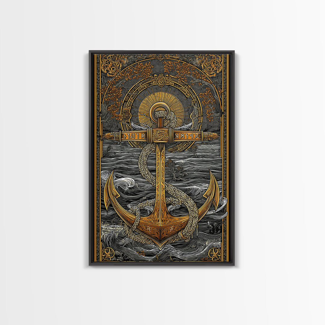Norse Anchor Wall Art Canvas Gold Art Canvas Art with Runes Viking Decor for Men’s Office or Man Cave framed in wood