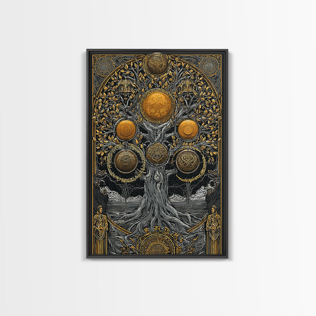 Yggdrasil Norse Tree of Life Canvas Gold Art Canvas Art with Runes Nordic Mythology Wall Decor for Office framed in wood