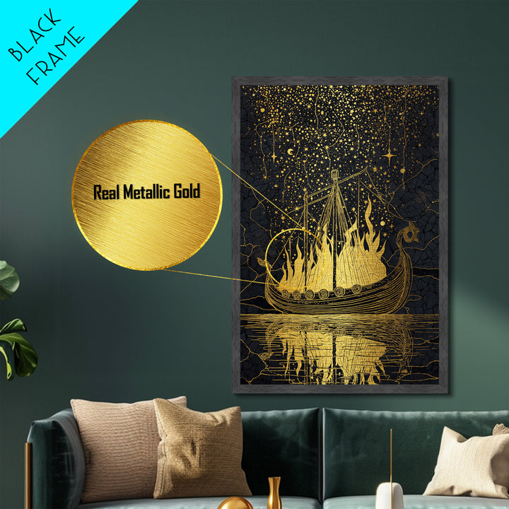Norse Burial Ship Metallic Gold Art Metal Art – Viking Funeral Boat Wall Decor, Man Cave Office Artwork framed in real natural wood