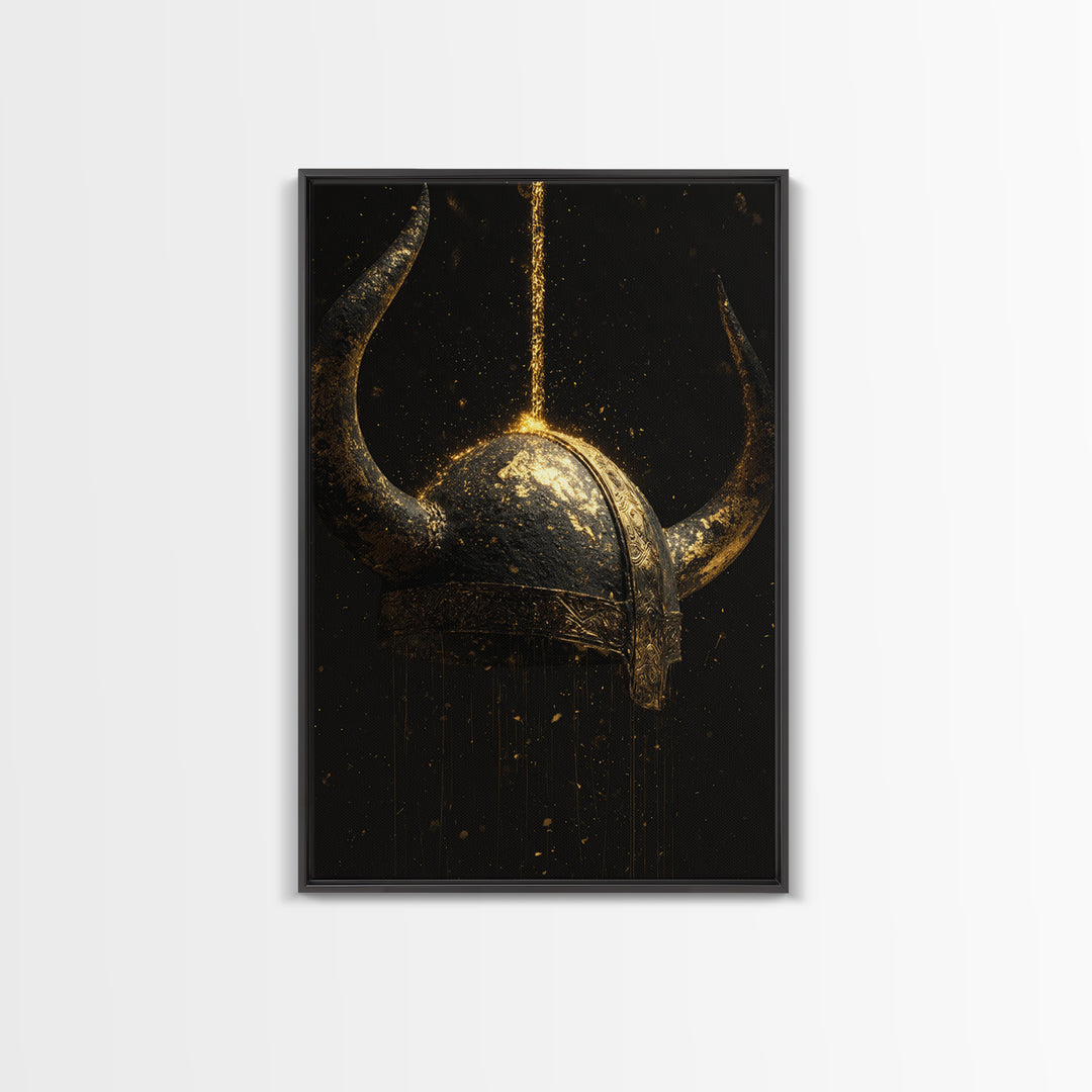 Viking Horned Helmet Canvas Gold Art Canvas Art – Nordic Mythology Man Cave Decor, Bold Office Art framed in genuine real wood