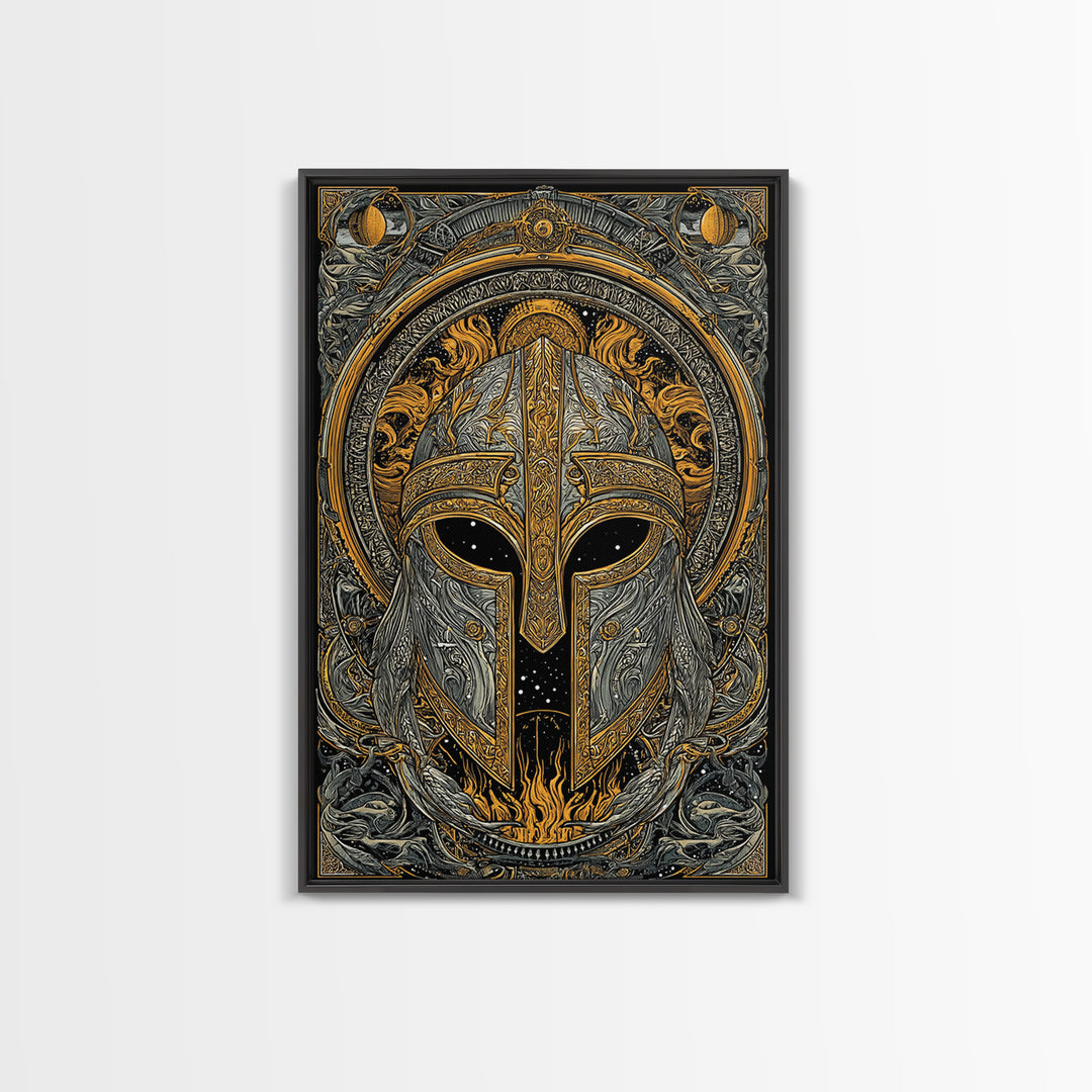 Canvas Gold Art Norse Warrior Helmet Canvas Art – Nordic Mythology Office Wall Decor, Viking Dad Gift framed with authentic wood