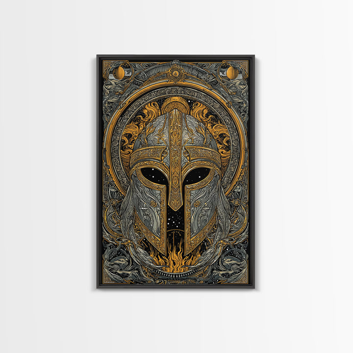 Canvas Gold Art Norse Warrior Helmet Canvas Art – Nordic Mythology Office Wall Decor, Viking Dad Gift framed with authentic wood