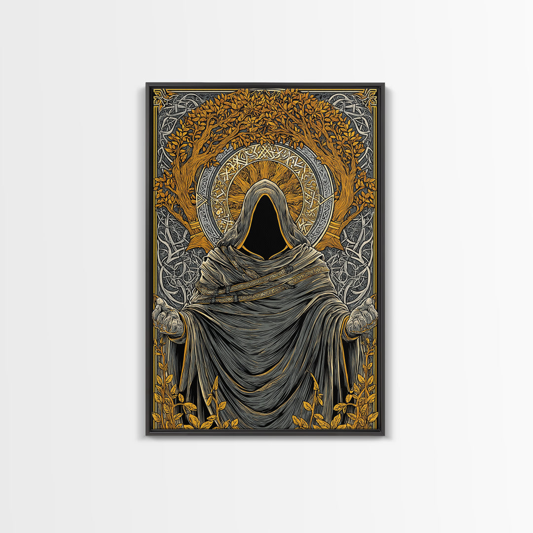 Canvas Gold Art Norse Ritual Hooded Figure Canvas Art – Viking Seer Man Cave Office Decor, Nordic Myth Gift framed with real wood