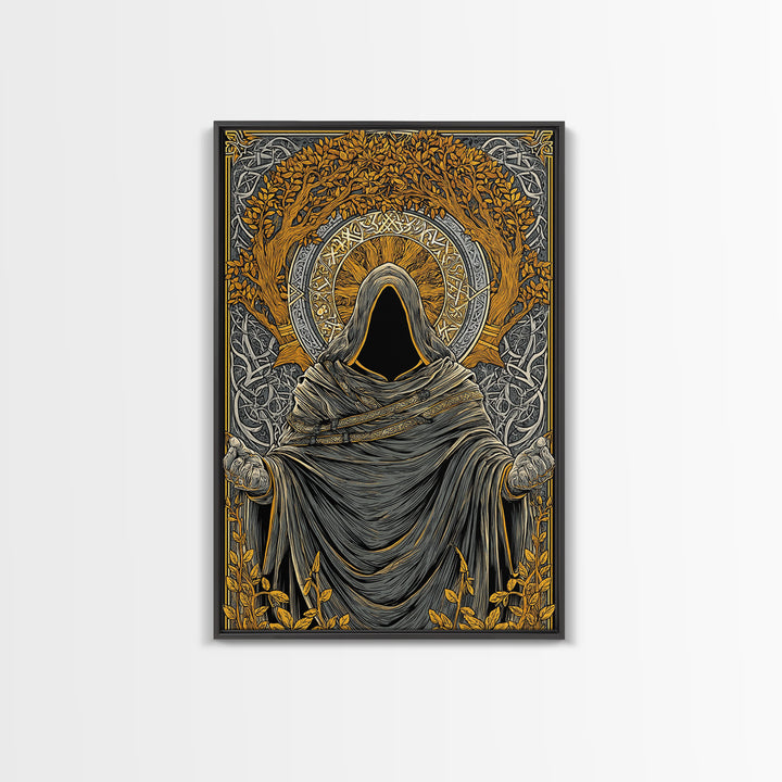 Canvas Gold Art Norse Ritual Hooded Figure Canvas Art – Viking Seer Man Cave Office Decor, Nordic Myth Gift framed with real wood