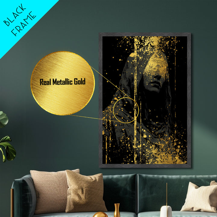 Nordic Hooded Seer Metallic Gold Art Metal Art – Norse Mythology Office Wall Art, Mystic Viking Decor in handcrafted wood frame