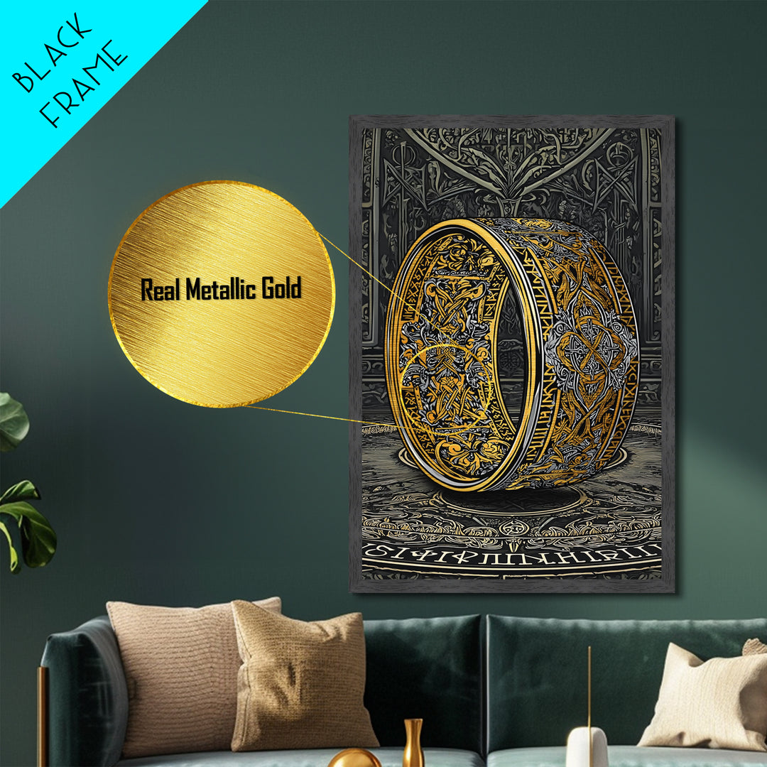 Metallic Gold Art Ornate Norse Ring Metal Art – Nordic Mythology Viking Jewelry Wall Art, Unique Dad Gift framed with natural wood
