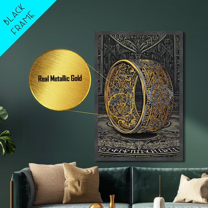 Metallic Gold Art Ornate Norse Ring Metal Art – Nordic Mythology Viking Jewelry Wall Art, Unique Dad Gift framed with natural wood
