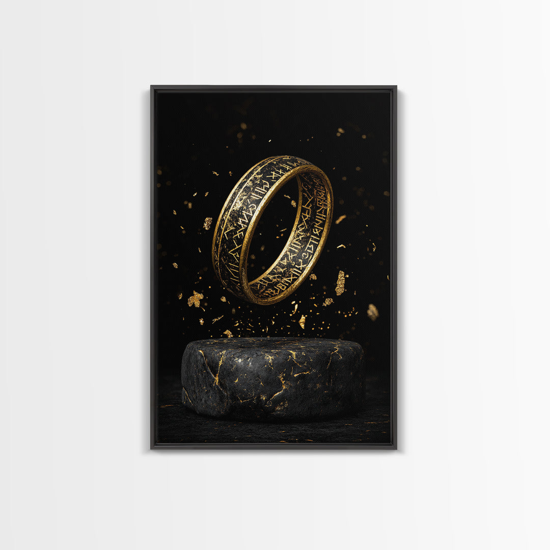 Viking Rune Ring Canvas Gold Art Canvas Art – Nordic Mythology Office Wall Art, Norse Man Cave Decor with handcrafted real wood frame