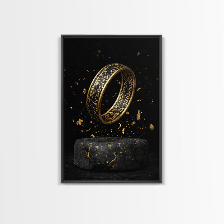 Viking Rune Ring Canvas Gold Art Canvas Art – Nordic Mythology Office Wall Art, Norse Man Cave Decor with handcrafted real wood frame