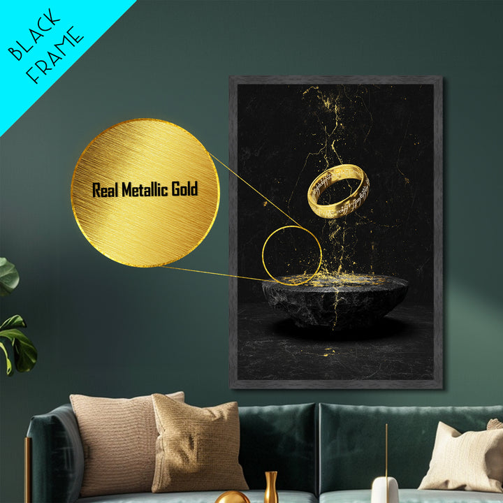 Nordic Mythology Rune Ring Metallic Gold Art Metal Art – Viking Inspired Office Wall Decor, Man Cave Gift framed with real wood frame