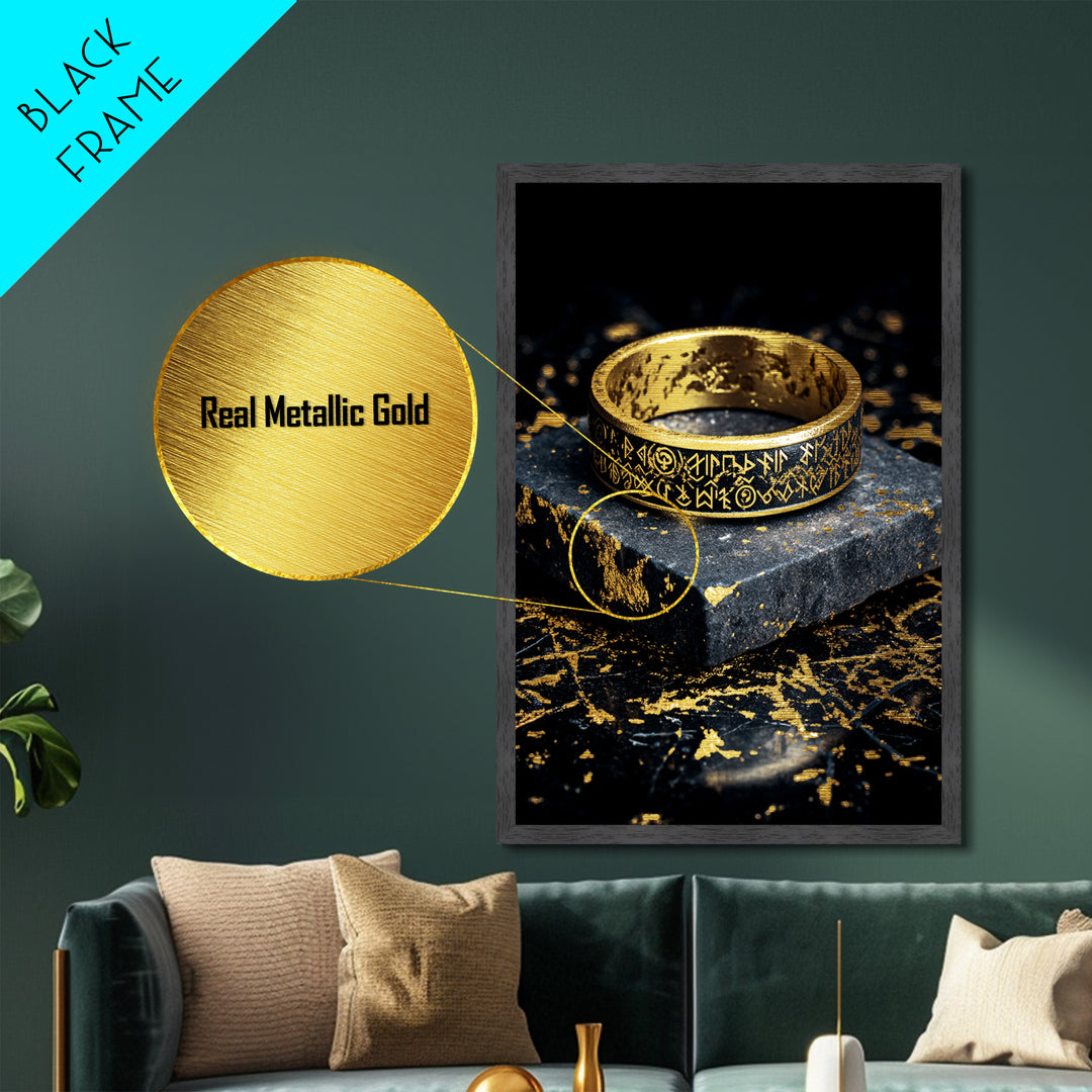 Norse Rune Ring Metallic Gold Art Metal Art – Viking Jewelry Inspired Office Wall Art, Nordic Man Cave Decor framed in wood frame