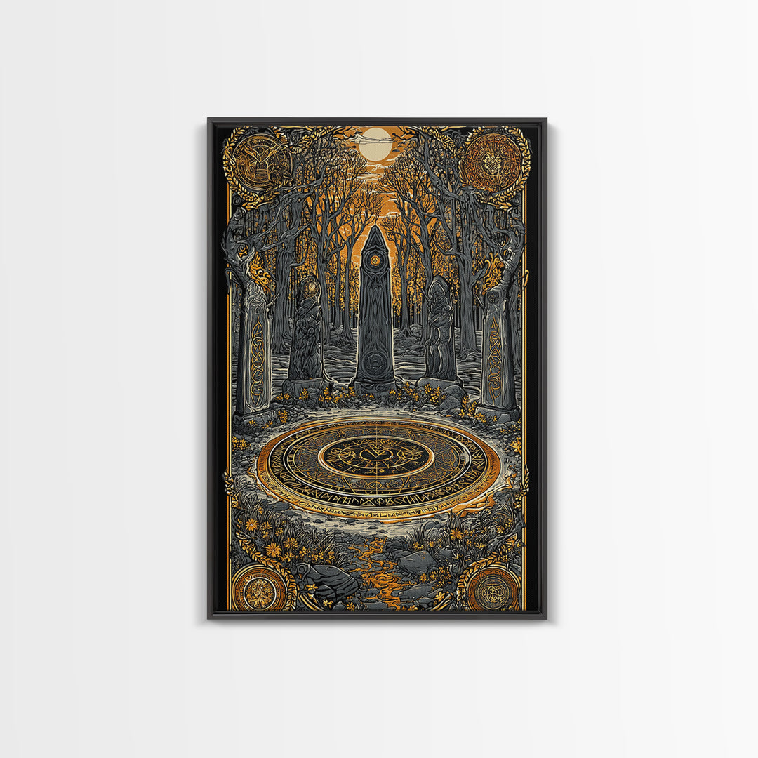 Nordic Ritual Circle Canvas Gold Art, Viking Pagan Canvas Art for Man Cave or Office, framed in natural wood for bold decor