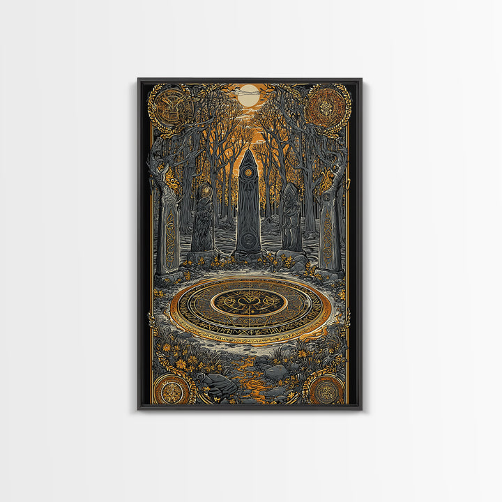 Nordic Ritual Circle Canvas Gold Art, Viking Pagan Canvas Art for Man Cave or Office, framed in natural wood for bold decor
