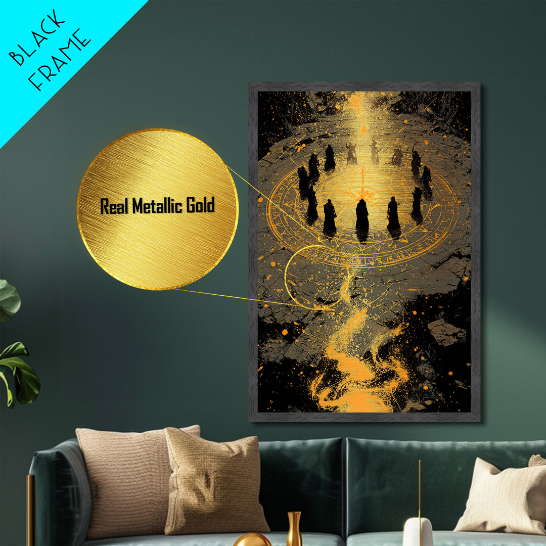 Mystical Norse Ritual Gathering Metallic Gold Art, Viking Pagan Metal Art Wall Hanging with real wood frame, Dad Gift or Office Art