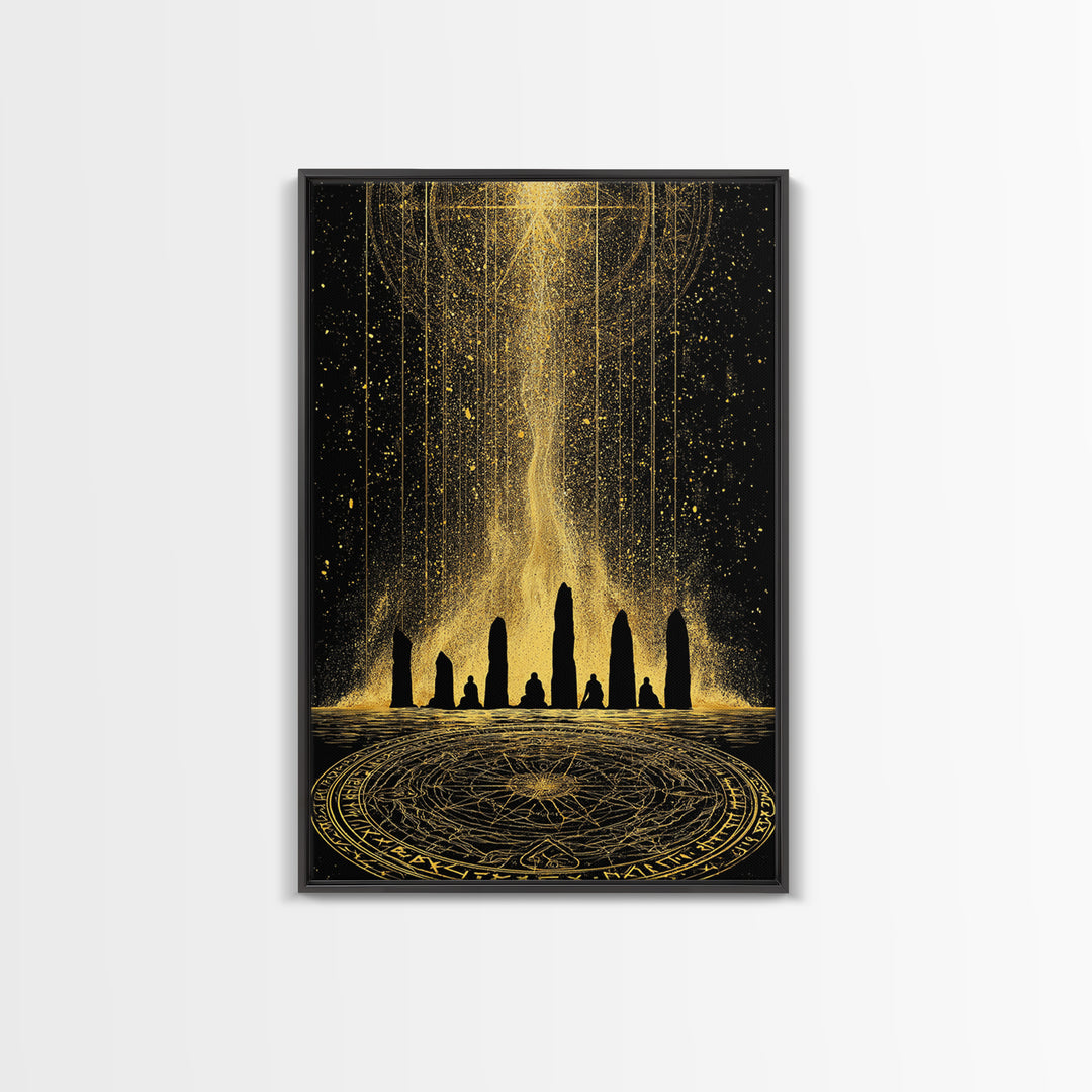 Canvas Gold Art Norse Ritual Stone Circle Canvas Art – Viking Ceremony Wall Art, Nordic Office Decor for Men framed in natural wood