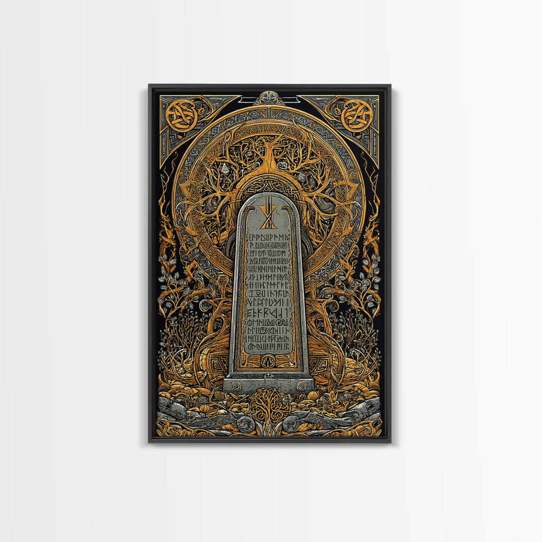 Runestone Engraved with Ancient Runes Canvas Gold Art, Nordic Mythology Canvas Art framed in real wood, Man Cave or Office Decor