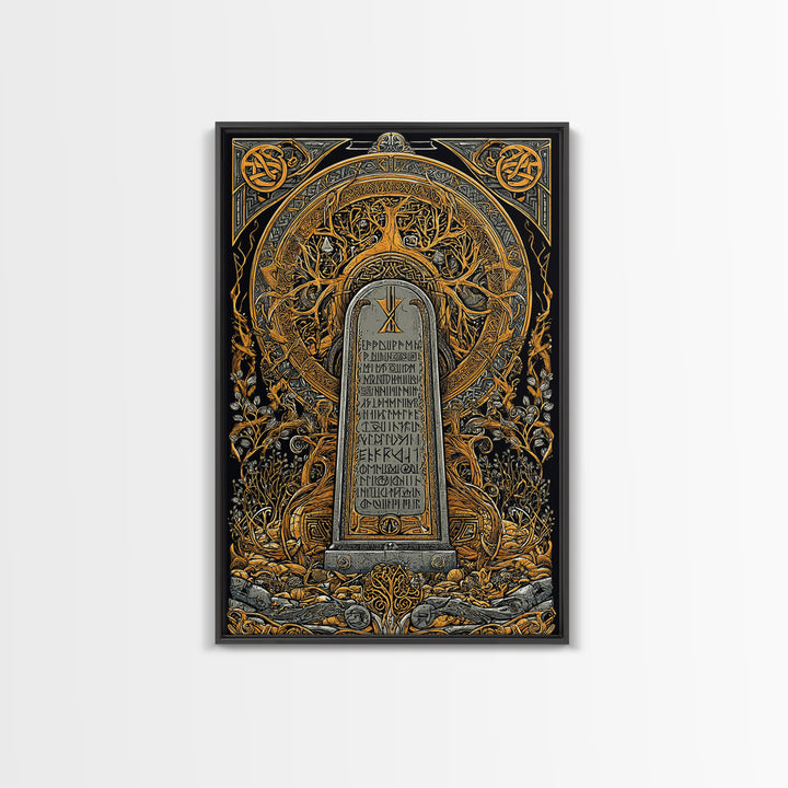 Runestone Engraved with Ancient Runes Canvas Gold Art, Nordic Mythology Canvas Art framed in real wood, Man Cave or Office Decor